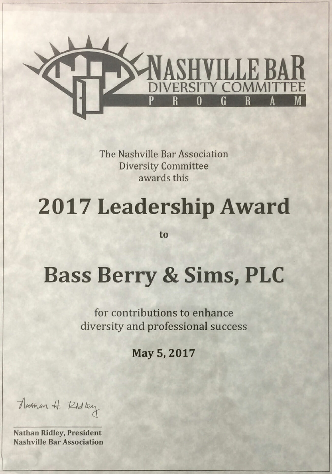 Nashville Bar Association 2017 Leadership Award